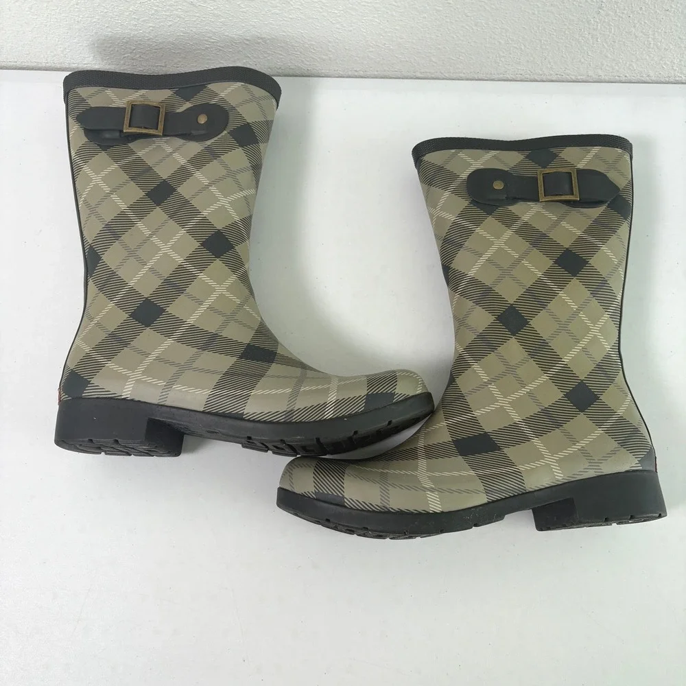 Chooka Rain Boots Womens 7 Olive Black Eastlake Plaid Mid Pebble Rubber Buckle